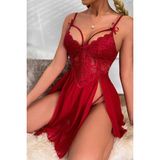 Merry See Yanlardan Bacak Dekolteli Şık Dantel Gecelik - Kırmızı - 2XL