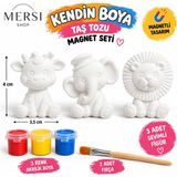 Mersi Shop 4’lü Kendin Boya Taş Tozu Magnet Seti – Hayvan Figürleri, 3 Renk Boya ve Fırça - 4ADET