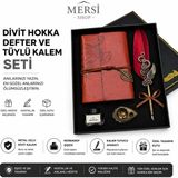 Mersi Shop Divit Hokka Defter ve Tüylü Kalem Seti – Nostaljik Mürekkepli Yazı Seti Hediye Kutulu - Kırmızı