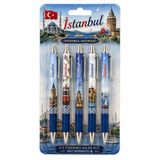 Mersi SHOP İstanbul Temalı 5'li Tükenmez Kalem Seti | Hediyelik Mavi Mürekkepli Kalem 13,5 cm