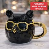 Mersi Shop Köpek Figürlü Gözlüklü Porselen Kupa Bardak Dekoratif Tasarım Kupa - Siyah