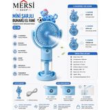Mersi Shop Mini Şarjlı Buharlı El Fanı 3 Kademeli Su Hazneli USB Taşınabilir Vantilatör 22 cm - Mavi