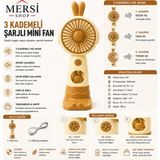 Mersi Shop Mini Şarjlı El Fanı 3 Kademeli 5 W Güçlü Sessiz Masaüstü Vantilatör 19 cm Taşınabilir - Kahverengi