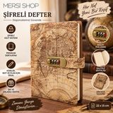 Mersi Shop Şifreli Vintage Dünya Haritası Desenli Defter 22X15 cm Kilitli Günlük ve Not Defteri - 1 Adet - ŞİFRELİ
