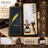 Mersi Shop Tüylü Divit Kalem Seti 5 Farklı Uçlu Mürekkepli Masaüstü Kalemlikli Özel Kutulu Bordo - Beyaz