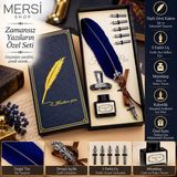 Mersi Shop Tüylü Divit Kalem Seti 5 Farklı Uçlu Mürekkepli Masaüstü Kalemlikli Özel Kutulu Bordo - Lacivert