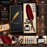 Mersi Shop Tüylü Divit Kalem Seti 5 Farklı Uçlu Mürekkepli Masaüstü Kalemlikli Özel Kutulu Bordo