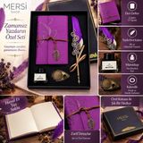 Mersi Shop Tüylü Divit Kalem ve Deri Defter Seti Mürekkepli Özel Kutulu Dekoratif Yazı Seti Mor