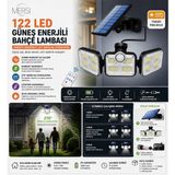 Mersi Shop Uzaktan Kumandalı 122 LED Güneş Enerjili Bahçe Lambası | Hareket Sensörlü Solar Duvar Aydınlatma 270° - Siyah