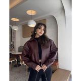 Merstore Kadın Oversize Bordo Suni Deri Bomber Ceket Cepli Klasik Günlük Stil