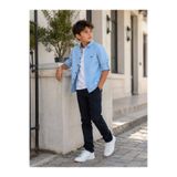 Mert cocuk ERKEK ÇOCUK MAVİ RENKLİ LIKRALİ LAKOST PLİSE ÖNÜ YARMALI GÖMLEK