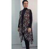 Mertcan Butik Kahverengi çiçek desenli asimetrik kesim şal yaka tül yelek