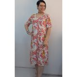 Mertcan Butik Krem kırmızı çiçekli sincap kuş desenli penye viskon kısa kollu penye viskon elbise