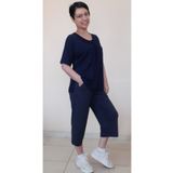 Mertcan Butik Lacivert Yakası Büzgülü Kapri Boy Cepli Penye Viskon Günlük Pijama Takımı
