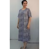 Mertcan Butik Lila siyah desenli önü arkadan robadan kesik büzgülü kısa kollu penye viskon elbise