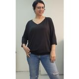 Mertcan Butik Siyah etek ucu manşetli yarasa kol V yaka truvakar kol penye viskon tişört