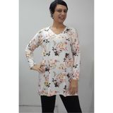 Mertcan Butik V yaka Krem siyah çiçek desenli bedenle bütün gelen düşük kol uzun kollu penye viskon tişört