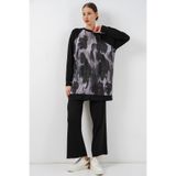 Merterium Kadın Desenli Oversize Tunik Pantolon İkili Takım - Siyah 1412