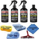 Mertox Otomobil Araç Araba Oto Temizlik ve Bakım Seti Oto Şampuanı+Lastik Parlatıcı+Hızlı Cila ve Ince Pasta Çizik Giderici 4X500ML