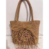 Merut Style El Örgüsü Kağıt Ip Hasır Gül Detaylı Astarlı Günlük ve Plaj Kadın Omuz Çantası - 40X35