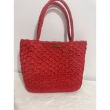 Merut Style El Örgüsü Kağıt Ip Kırmızı Astarlı Çıtçıtlı Günlük Veplaj Kadın Omuz Çantası - 30x40 - 072-Kırmızı