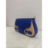 Merut Style Hasır Desen Toka Detaylı Deri Kapak Kadın El ve Omuz Çantası - 15x25 - --Mavi