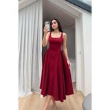 mervekiymatco Belin Kare Yaka Sırt Dekolteli Midi Elbise 4968 Bordo L