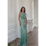 mervekiymatco Berrak Payet İşleme Degaje Yaka Abiye 1089 Mint Yeşili M