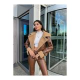 mervekiymatco İçi Peluş Kaplama Deri Crop Kaban 98458 KAHVE XS