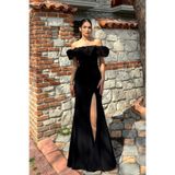mervekiymatco Katre Yaka Fırfırlı Yırtmaçlı Abiye 582834 SİYAH M