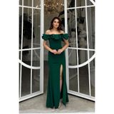 mervekiymatco Katre Yaka Fırfırlı Yırtmaçlı Abiye 582834 ZÜMRÜT L
