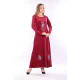 mervemoda Kadın Bordo önü işleme detaylı kadife uzun elbise