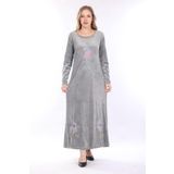 mervemoda Kadın Gri önü işleme detaylı kadife uzun elbise