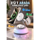 Merwish 3'ü 1 Arada Kablosuz Şarj Standı 15W – Telefon, Akıllı Saat ve Kulaklık Şarj Istasyonu, Manyetik, Dokunmatik Rgb Ambiyans Işıklı - Beyaz
