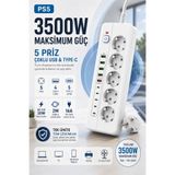 Merwish Akım Korumalı Çoklu Priz 3500W 16A 5 Topraklı Priz 4 USB-A 5 Type-C QC 3.0 20W Hızlı Şarj 2 Metre Kablo Uzatmalı Priz