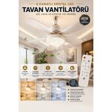Merwish Tavan Vantilatörü 6 Kanatlı Kristal LED 40W, 3 Hız Kademeli, 3 Renk Işık, Dimmer, Gece Lambası, 2-4 Saat Zamanlayıcı, Uzaktan Kumandalı