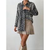 Mery Mery Boutique Leopar Desenli Gabadin Metal Düğmeli Gömlek - Leopar - Gri - Siyah