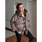 Mery Mery Boutique Nubuk Cepli Yakası Kürklü Oversize Bomber Mont Ceket - Vizon