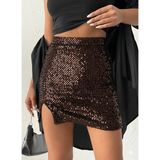 Mery Mery Boutique Payetli Mini Yırtmaçlı Etek - Kahve - S