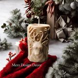Merz Design Decor Dekoratif Yılbaşı Geyik Temalı Kabartmalı Silindir %100 Doğal Vegan Soya Wax Mum - Açık Kahverengi