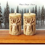 Merz Design Decor Dekoratif Yılbaşı Geyik Temalı Kabartmalı Silindir %100 Doğal Vegan Soya Wax Mum - Bej