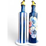 Mes Reves 750 ml 2’li El Boyaması Cam Yağdanlık Sirkelik Seti – Mavi Çiçekli Dekoratif Zeytinyağı Şişesi – Modern Mutfak Aksesuarı - mavi çizgili