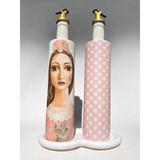 Mes Reves 750 ml Cam Yağdanlık Sirkelik 2 Li Set – Pembe Puantiye ve Kadın Desenli Dekoratif Zeytinyağı Şişesi – Modern Mutfak Aksesuarı