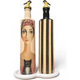 Mes Reves 750 ml Cam Yağdanlık Sirkelik 2 Li Set – Pudra ve Siyah Çizgili Dekoratif Zeytinyağı Şişesi – Modern Mutfak Aksesuarı
