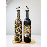 Mes Reves 750 ml Leopar Başı Desenli Cam Yağdanlık & Sirkelik 2 Li Set- Ahşap Stand Özel Tasarım Mutfak Dekor - Siyah - Kahverengi