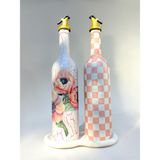 Mes Reves 750 ml Pembe Çiçek ve Pembe Dama Desenli 2’li Dekoratif Cam Yağdanlık Seti – Gold Başlık ve Taş Sunum Standlı - Pembe - Beyaz