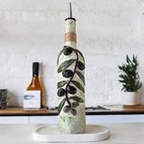 Mes Reves Design El Yapımı Kabartma Kil Uygulamalı Zeytin Dalı Desenli Cam Şişe Sirkelik-Yağdanlık, Mutfak Dekor - Açık Yeşil