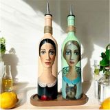 Mes Reves Design Kadın Desenli 750 ml Zeytinyağı Sıvıyağ Şişesi Yağdanlık Yağlık Sirkelik Sosluk 2'li Set - Açık Yeşil