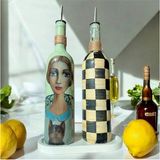 Mes Reves Design Kadın Desenli ve Kareli 750 ml Zeytinyağı Sıvıyağ Şişesi Yağdanlık Yağlık Sirkelik Sosluk 2'li Set - Nil Rengi