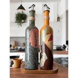 Mes Reves Design Modern Tasarımlı Kadın Desenli Renkli 750 ml Zeytinyağı Sıvıyağ Şişesi Yağdanlık Yağlık 2'li Set - Yeşil